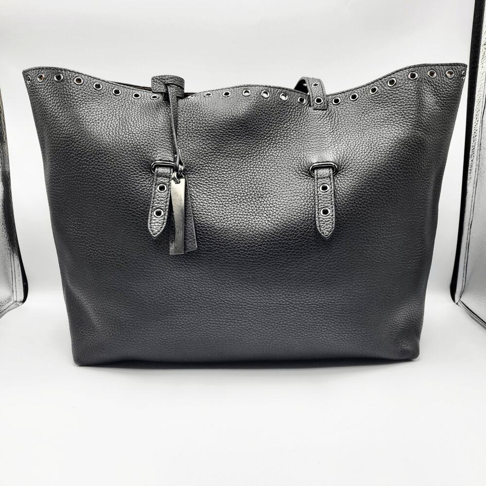 Vince Camuto Areli Noir Black Pebbled Leather Grommet Studded Shopper Tote Bag